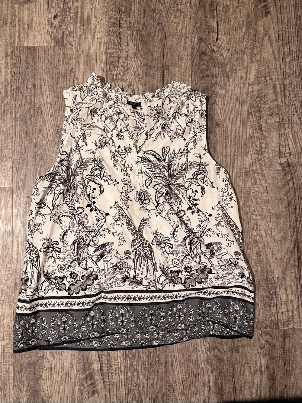 Talbots Ivory and Black Botanical & Giraffe Print Sleeveless Top